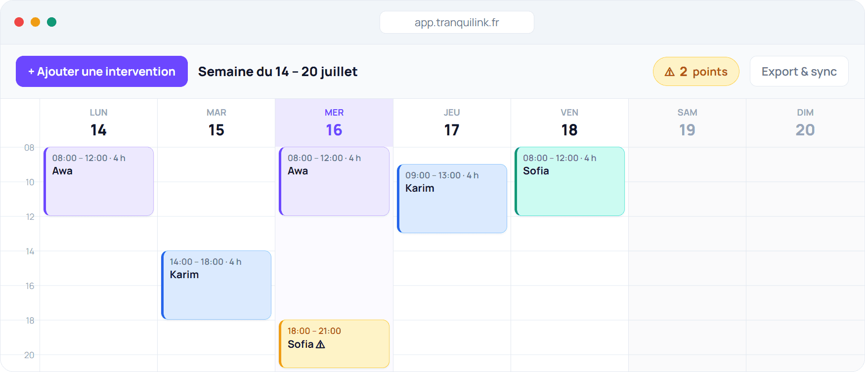 Aperçu de l'application : le planning de la semaine du 14 au 20 juillet, avec les interventions d'Awa, Karim et Sofia et 2 points de vigilance.